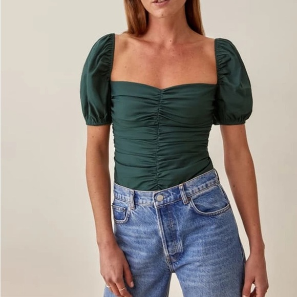 Reformation Radish Top in Forest Green Ruched Puff Sleeve Smocked Back Size 0 - Picture 1 of 13